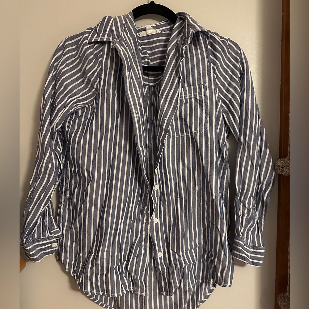 White and Blue Stripped Long Sleeve Button Up